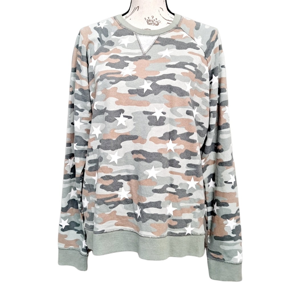 Lucky Brand Camo stars green grey white Cotton blend slouchy sweatshirt top nwt
